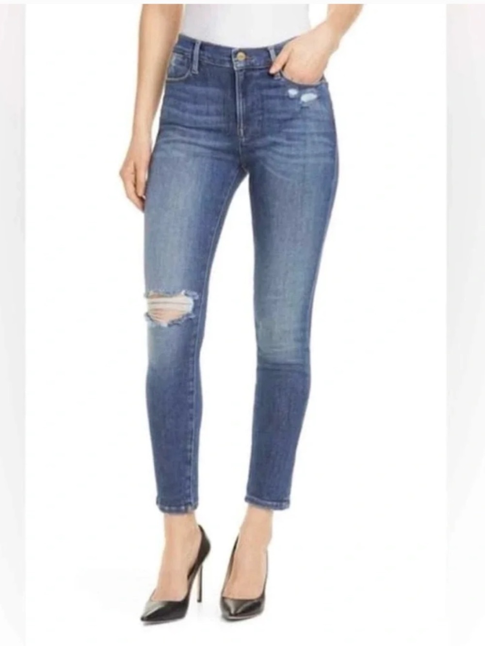 FRAME Le High Skinny Distressed Jean Stretch Mid Rise Size 29 Saxon Blue Denim